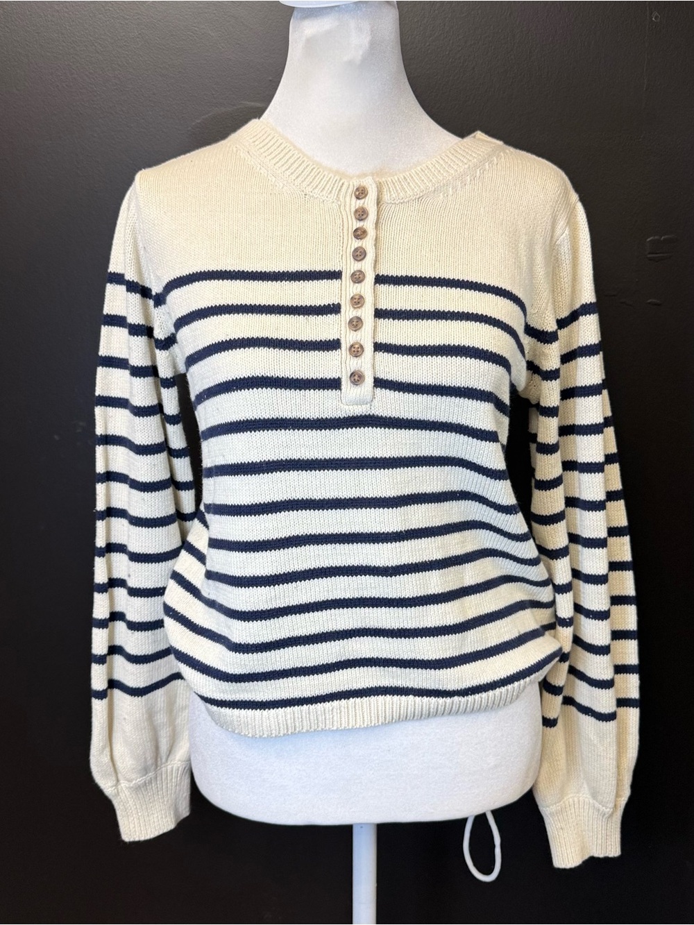 Women's Cream and Navy Striped Button-Front Sweater